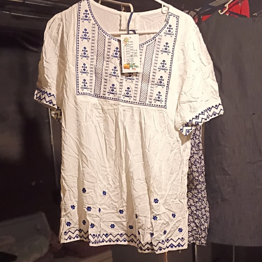 Spool 72 White Blouse with Blue Embroidery